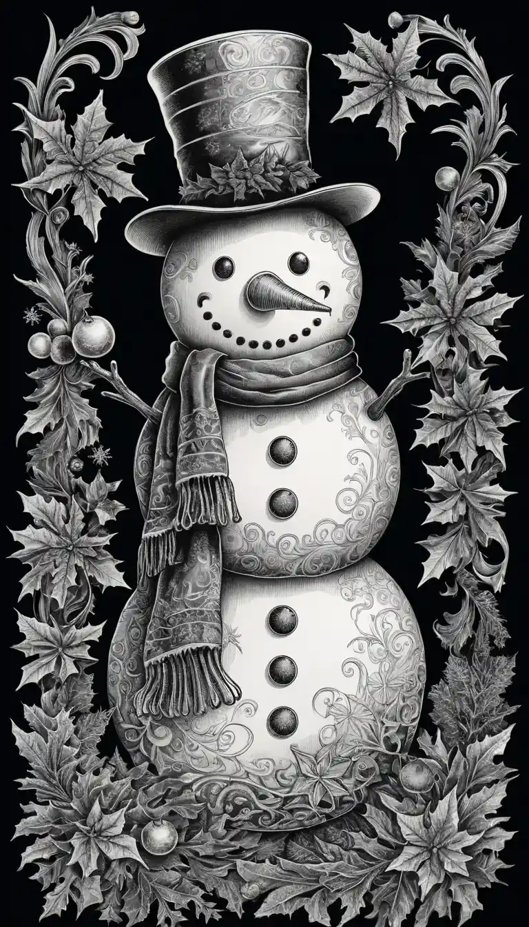 Intricate Black And White Ink Drawing Of A Snowman