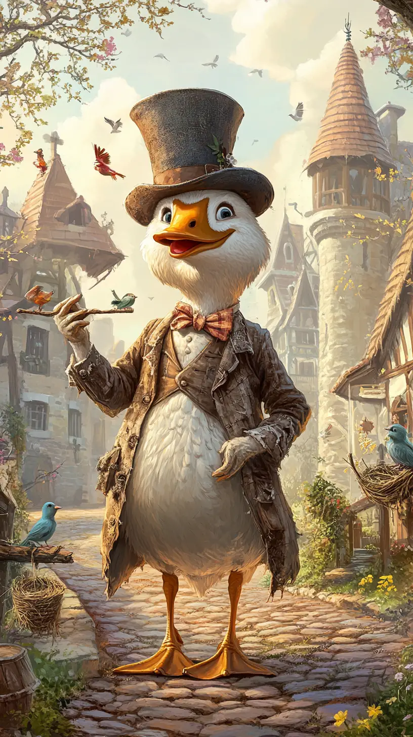 Dapper Goose On Cobblestone Path In Storybook Village
