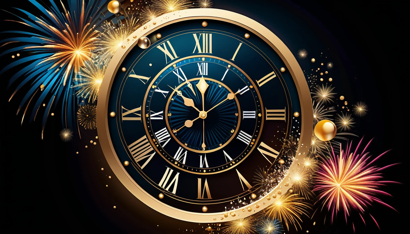 Orologi di Capodanno colorati con bollicine di champagne e fuochi d’artificio