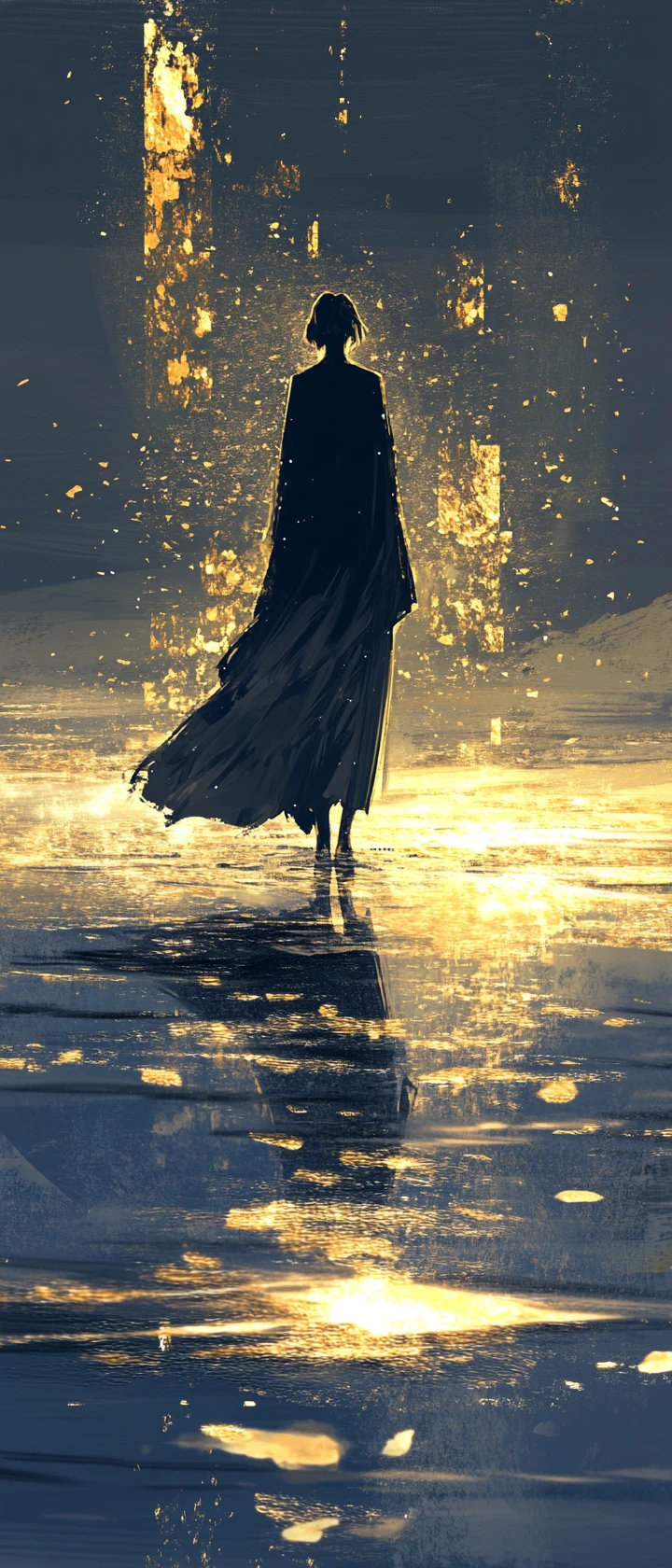 Chica de anime sola en una costa desolada y azotada por el viento al anochecer