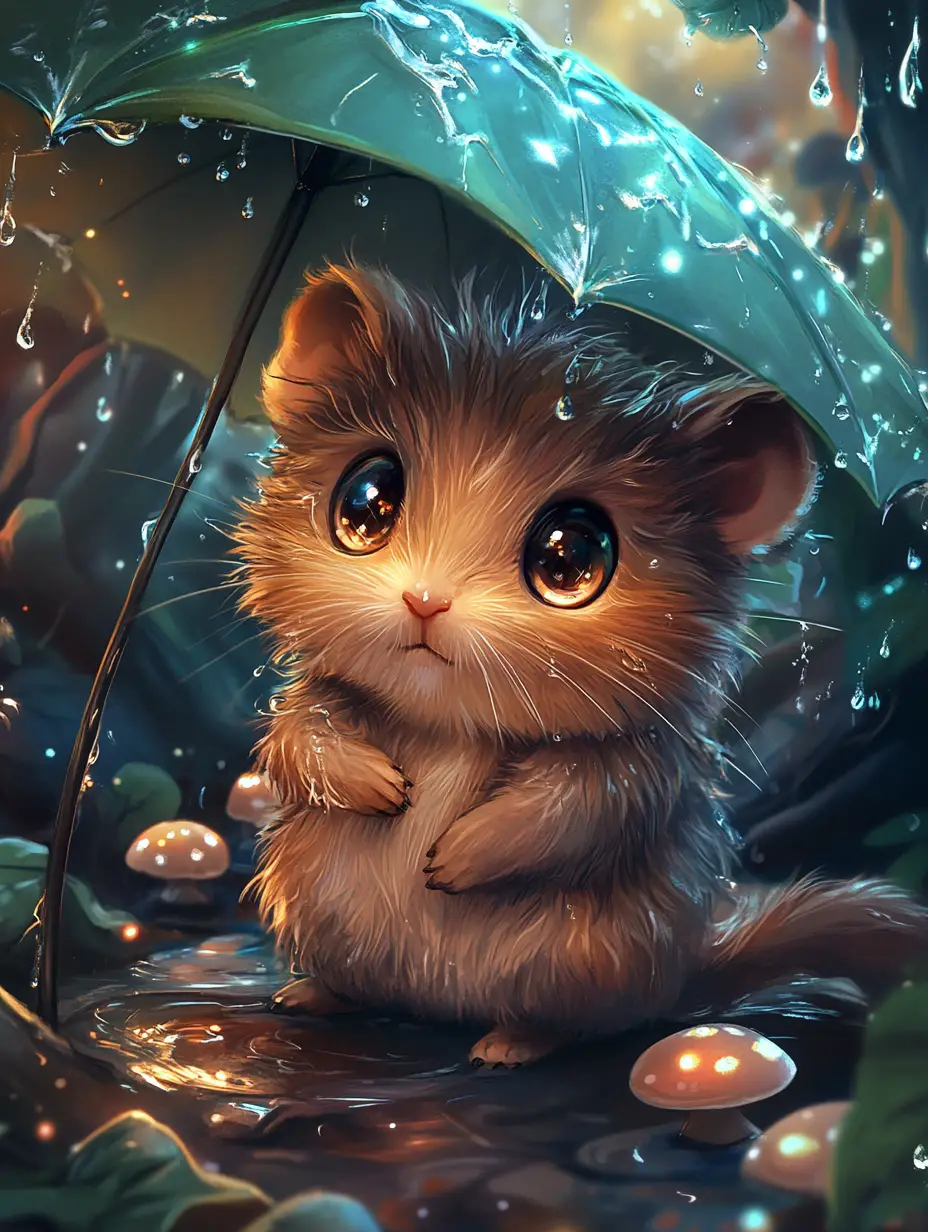 Cute baby vole under a leaf umbrella in glittery rain