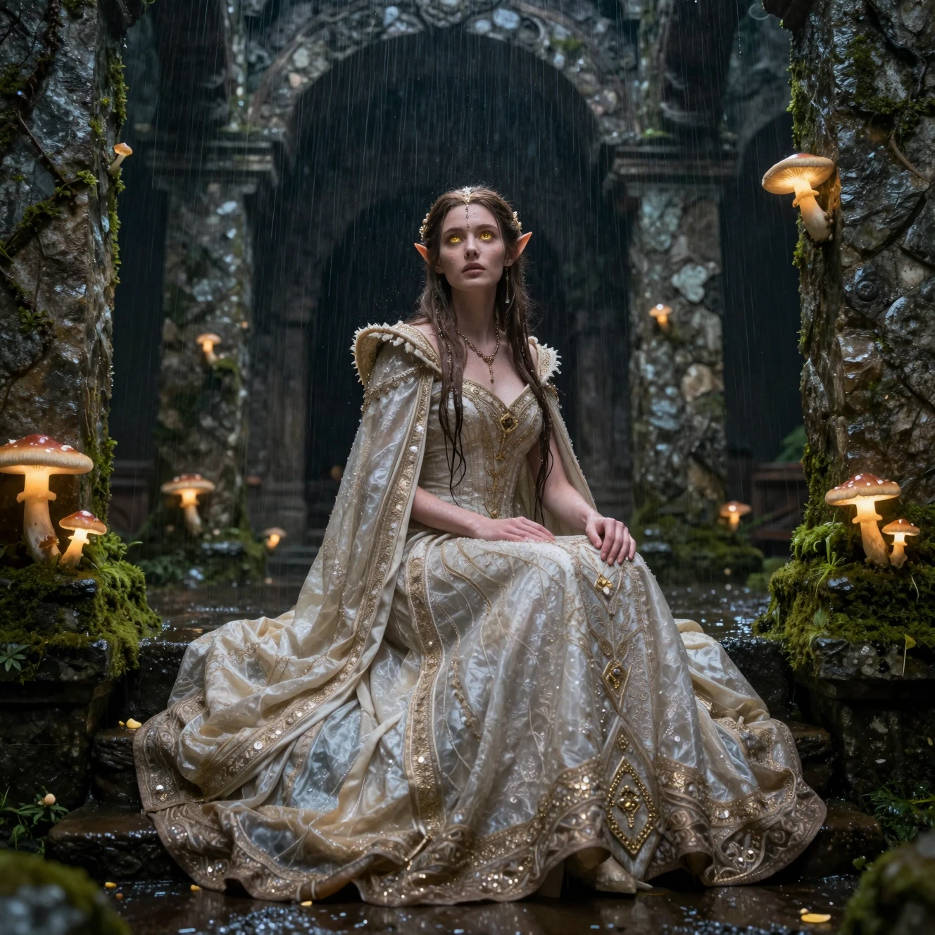 Elven queen in ancient temple amid glowing rain