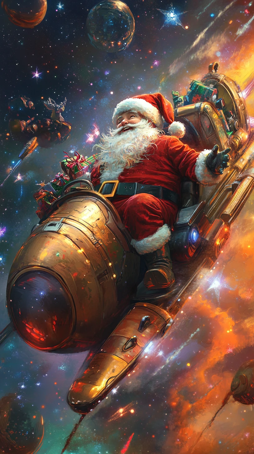Babbo Natale che vola su una slitta astronave nello spazio profondo