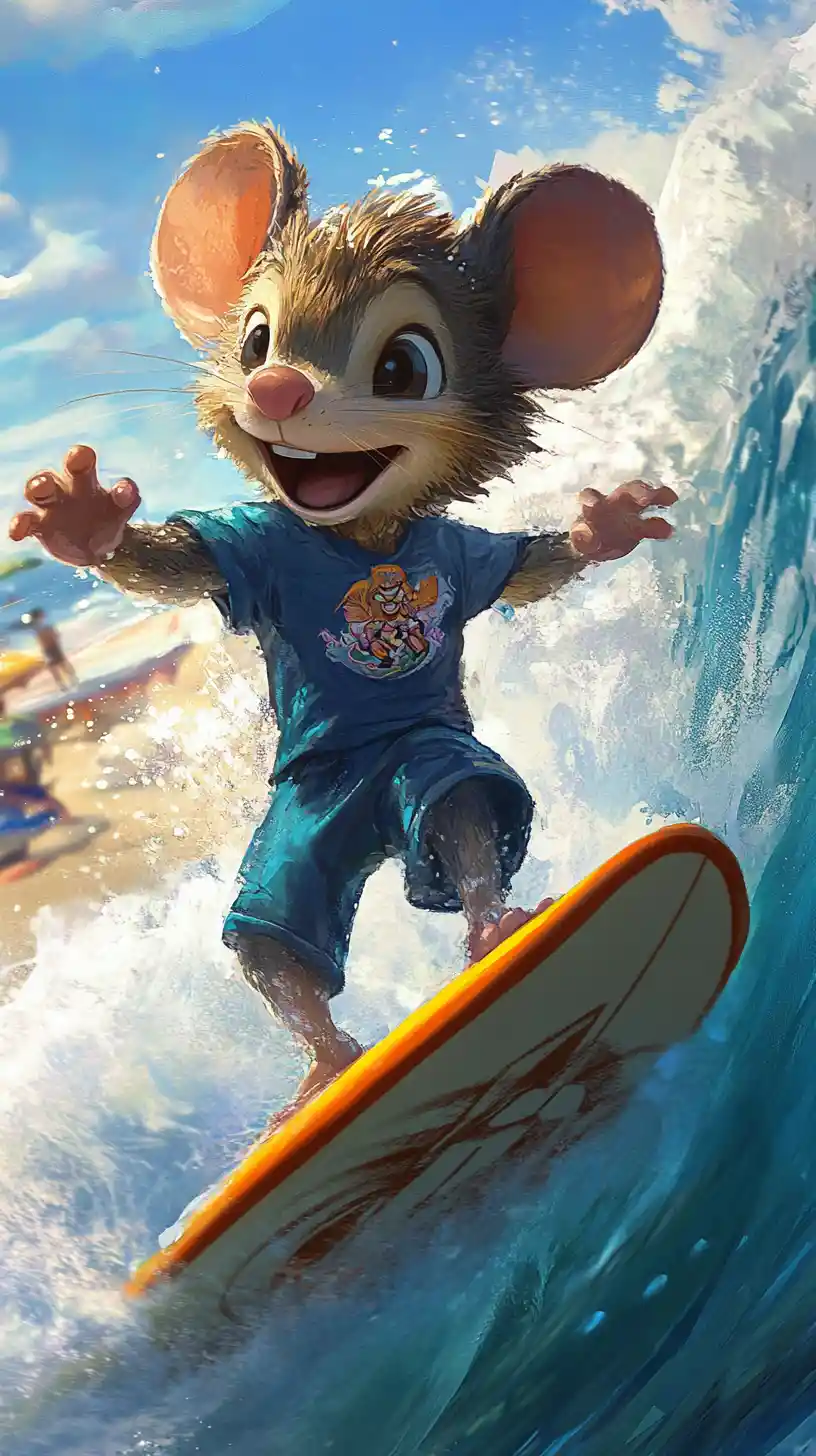 Cartoon mouse surfing ocean waves in swimwear