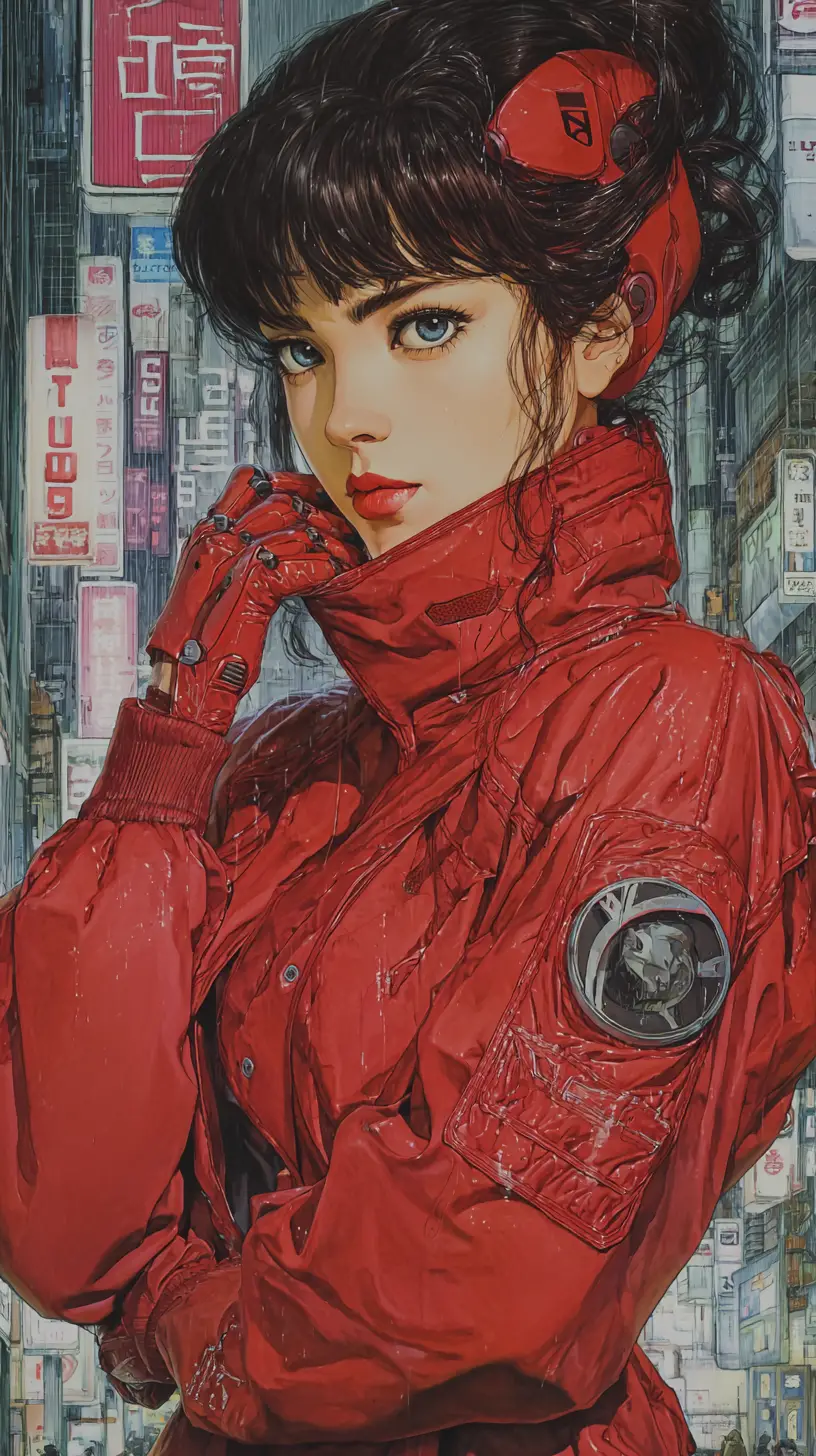 Anime cyberpunk woman in neon lit rainy city