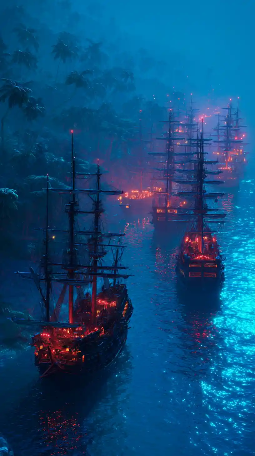 Flotta futuristica di galeoni spagnoli su una riva di giungla luminosa