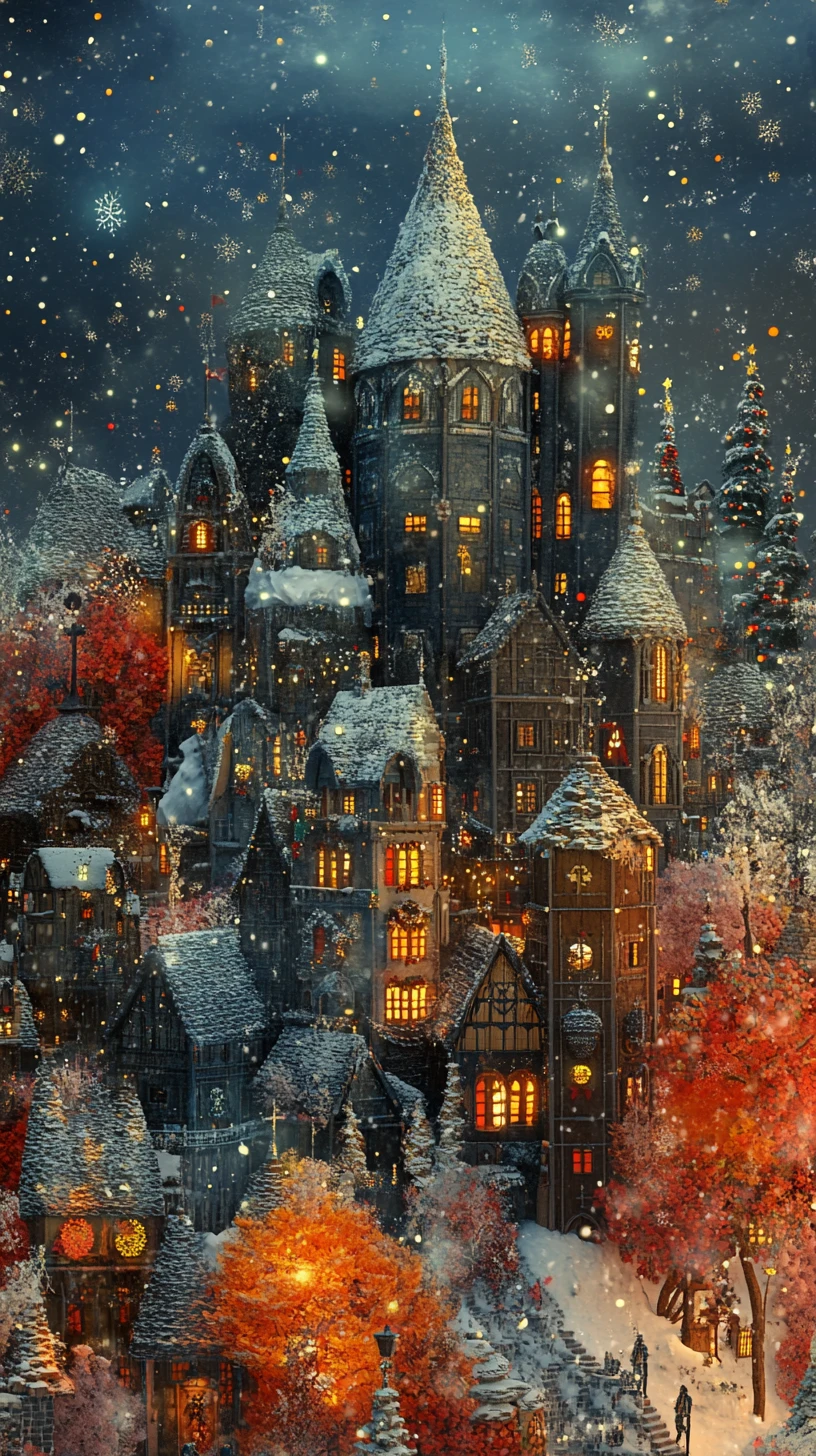 Cittadina fantasy fiabesca con arazzo di palazzo di ghiaccio luminoso