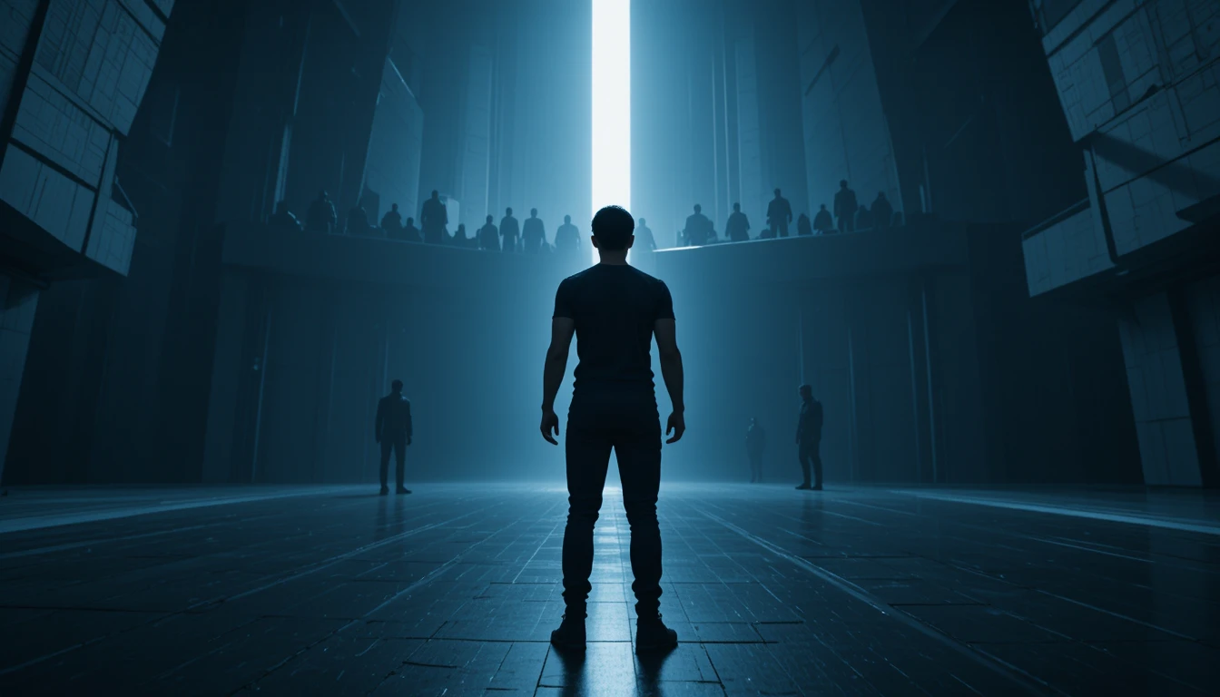 Man in cold spotlight within vast futuristic interior