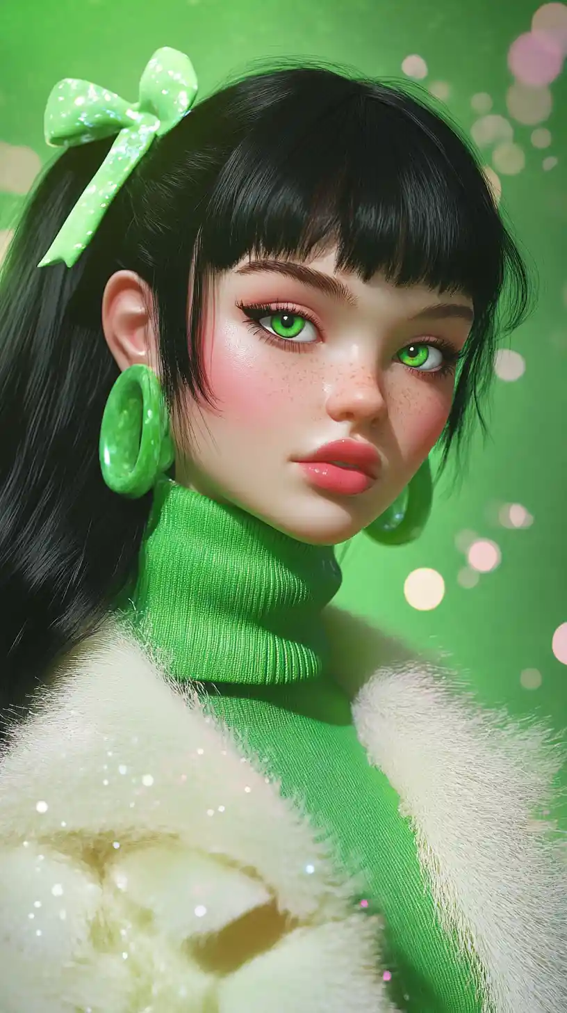 Green haired girl portrait in fluffy scarf and bokeh glow
