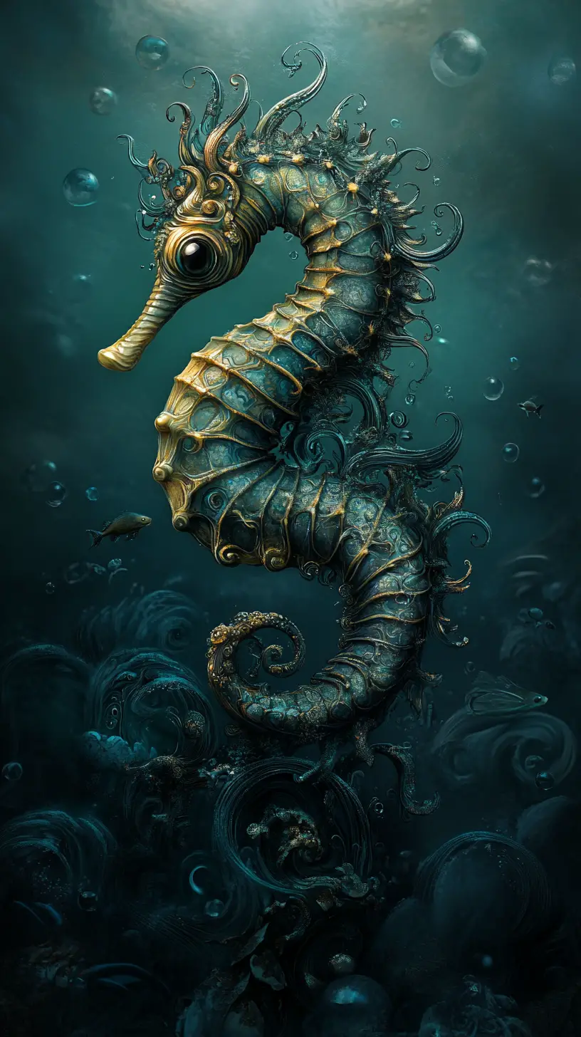 Mystical seahorse rising from the misty ocean depths