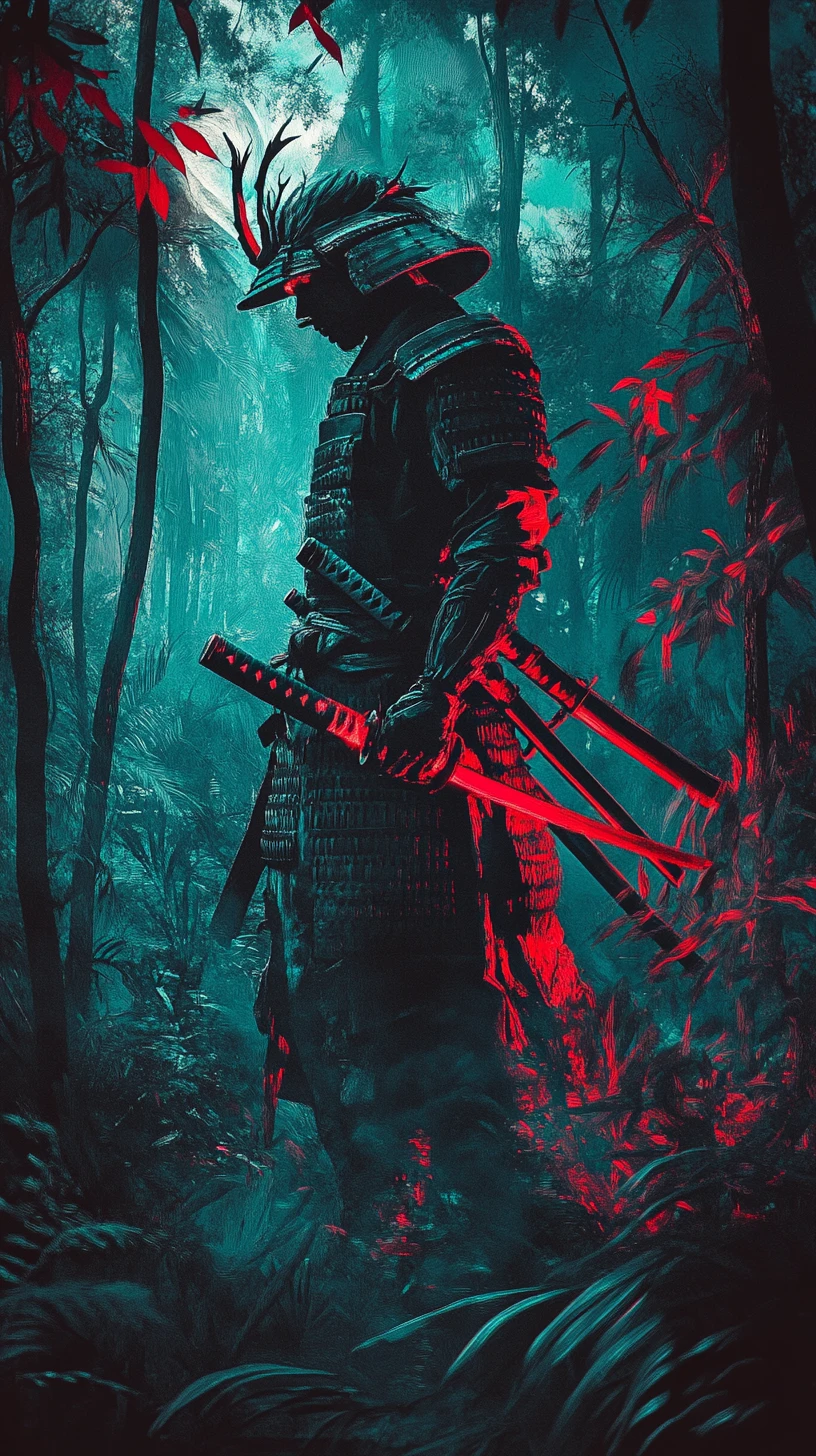 Samurai-Krieger mit rotem Katana in einem schattigen Wald