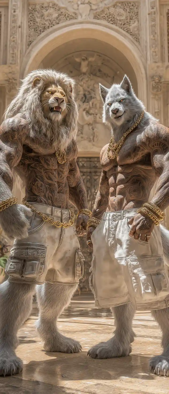 Leão e lobo musculosos em um pátio exótico e luxuoso