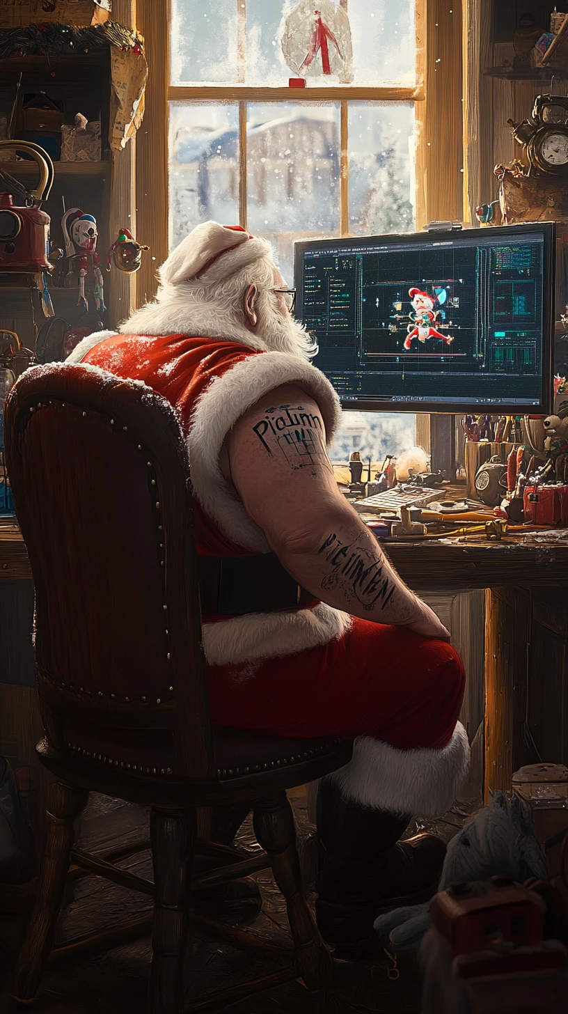 아늑한 크리스마스 작업실 책상에 앉아 있는 산타
