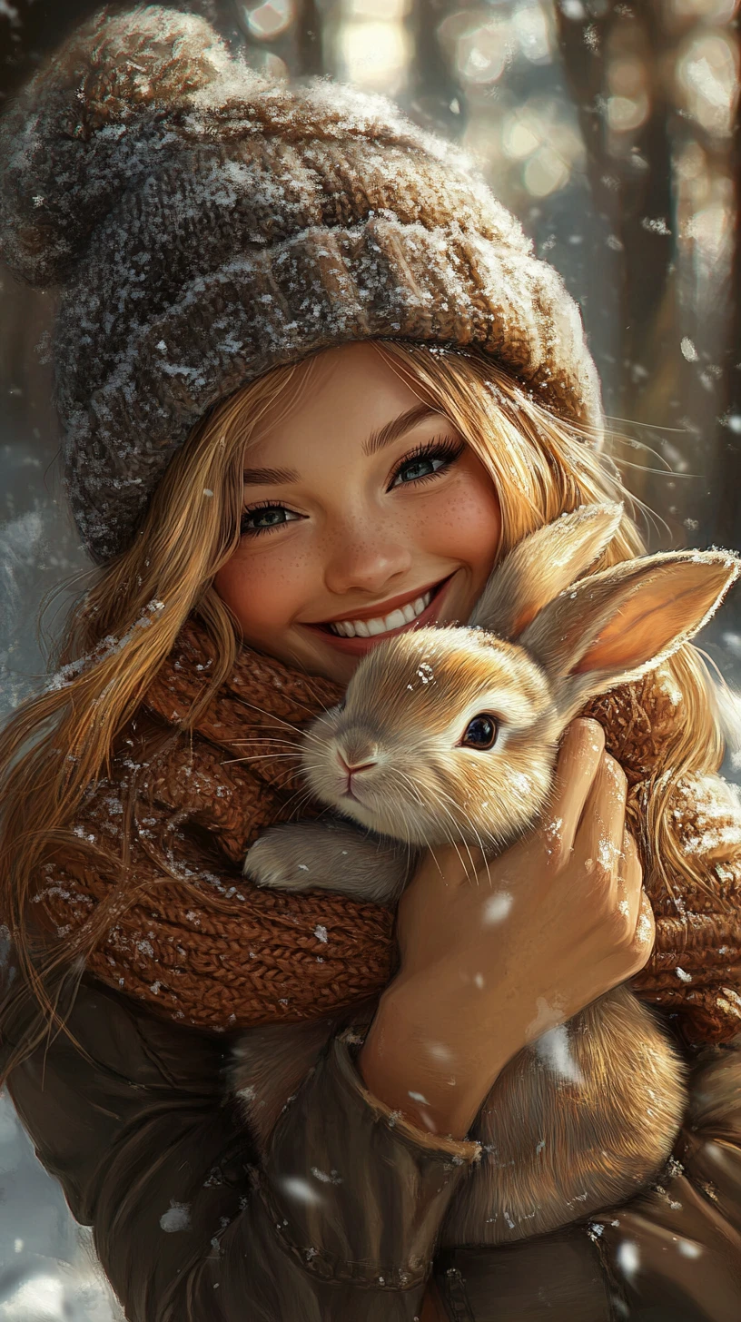 在雪地冬季森林裡抱著兔子微笑的女孩