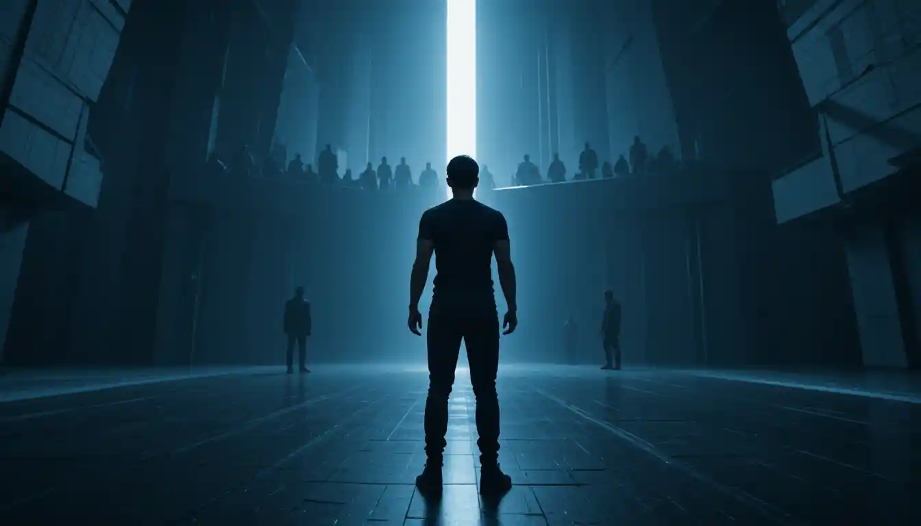 Man in cold spotlight within vast futuristic interior