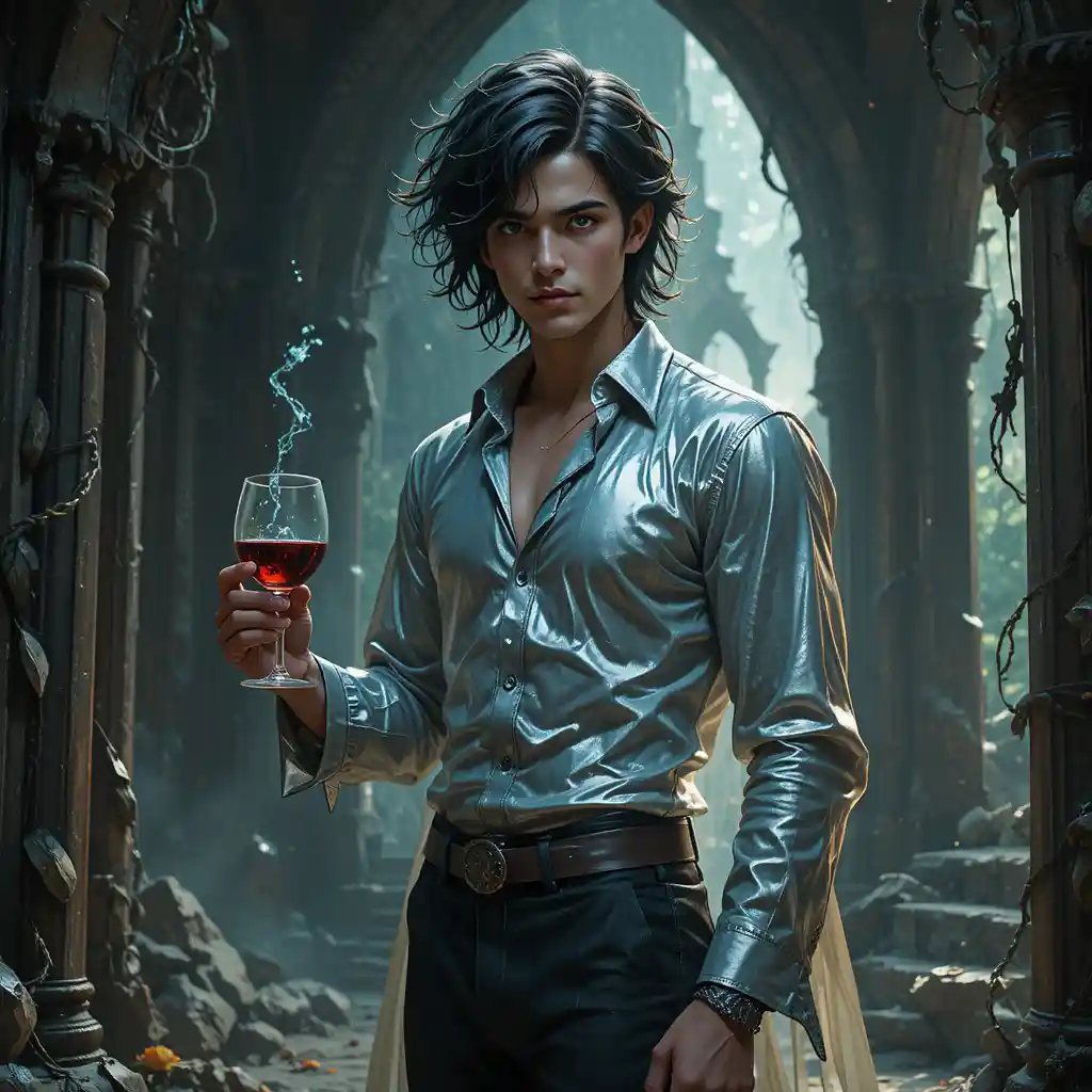 Green eyed teenage boy with wine in a dark dungeon