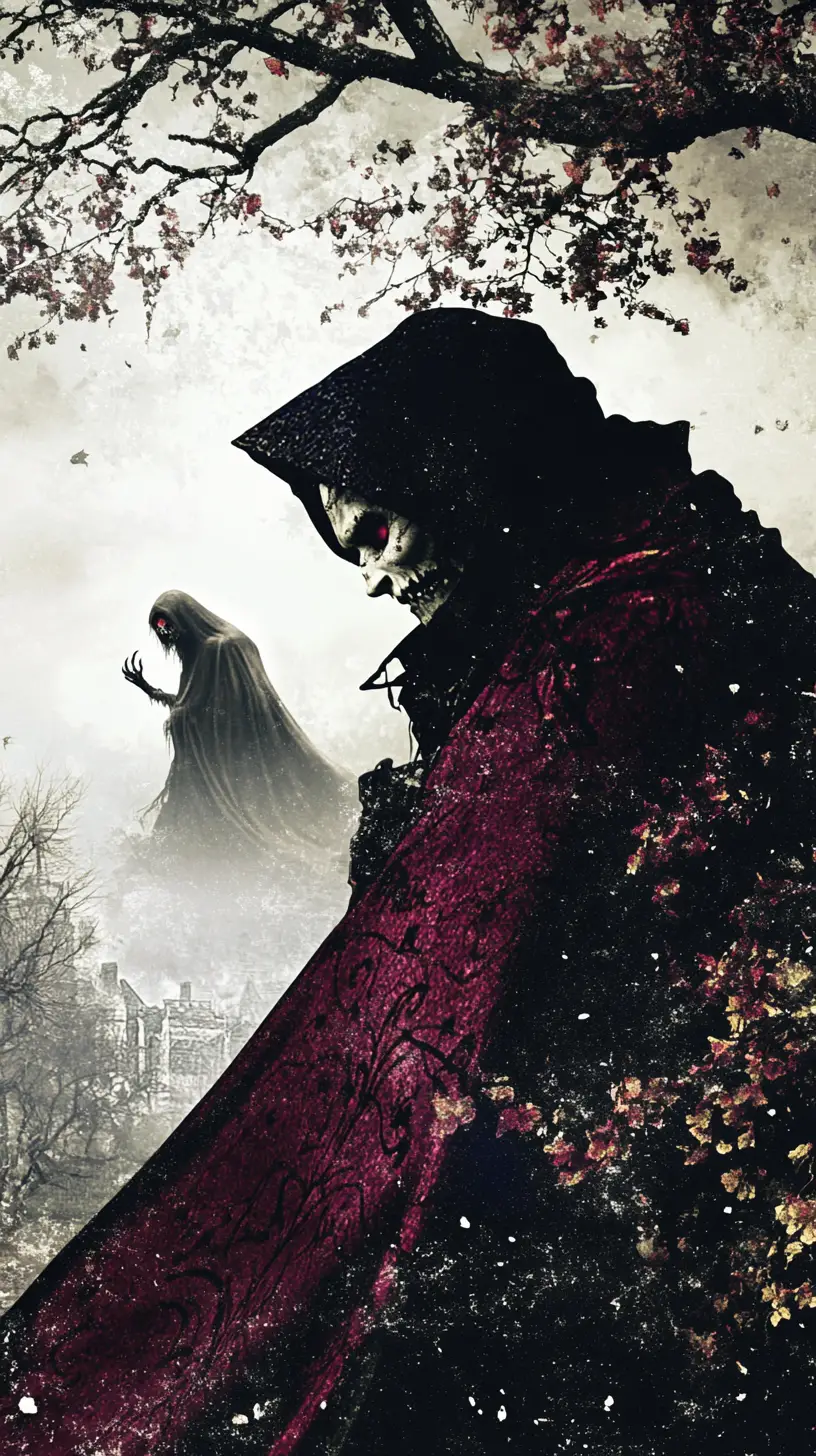 Zombie et fantôme fusionnés sous un ciel d’Halloween dramatique