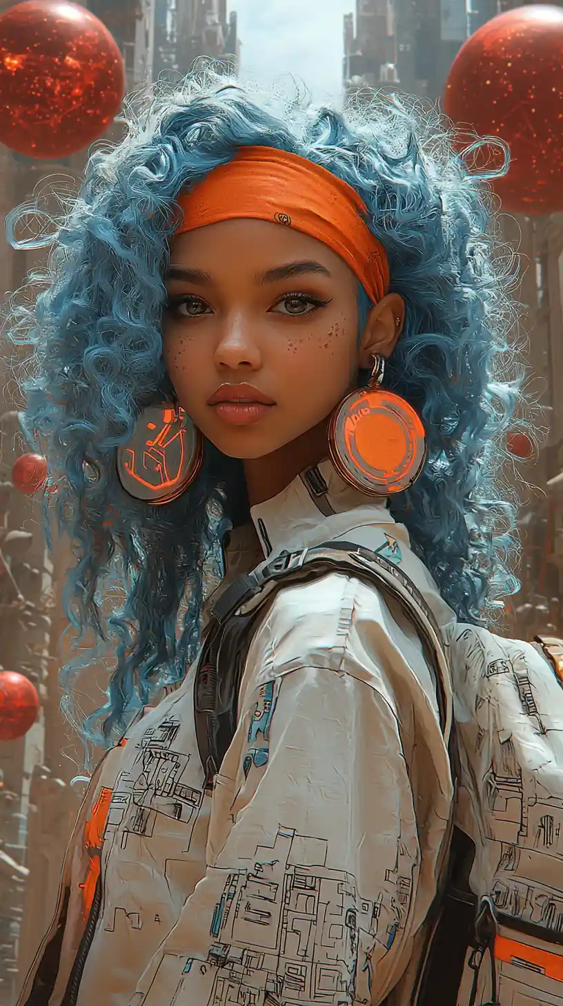 Frau mit blauen Haaren in einer futuristischen roten und orangefarbenen Landschaft