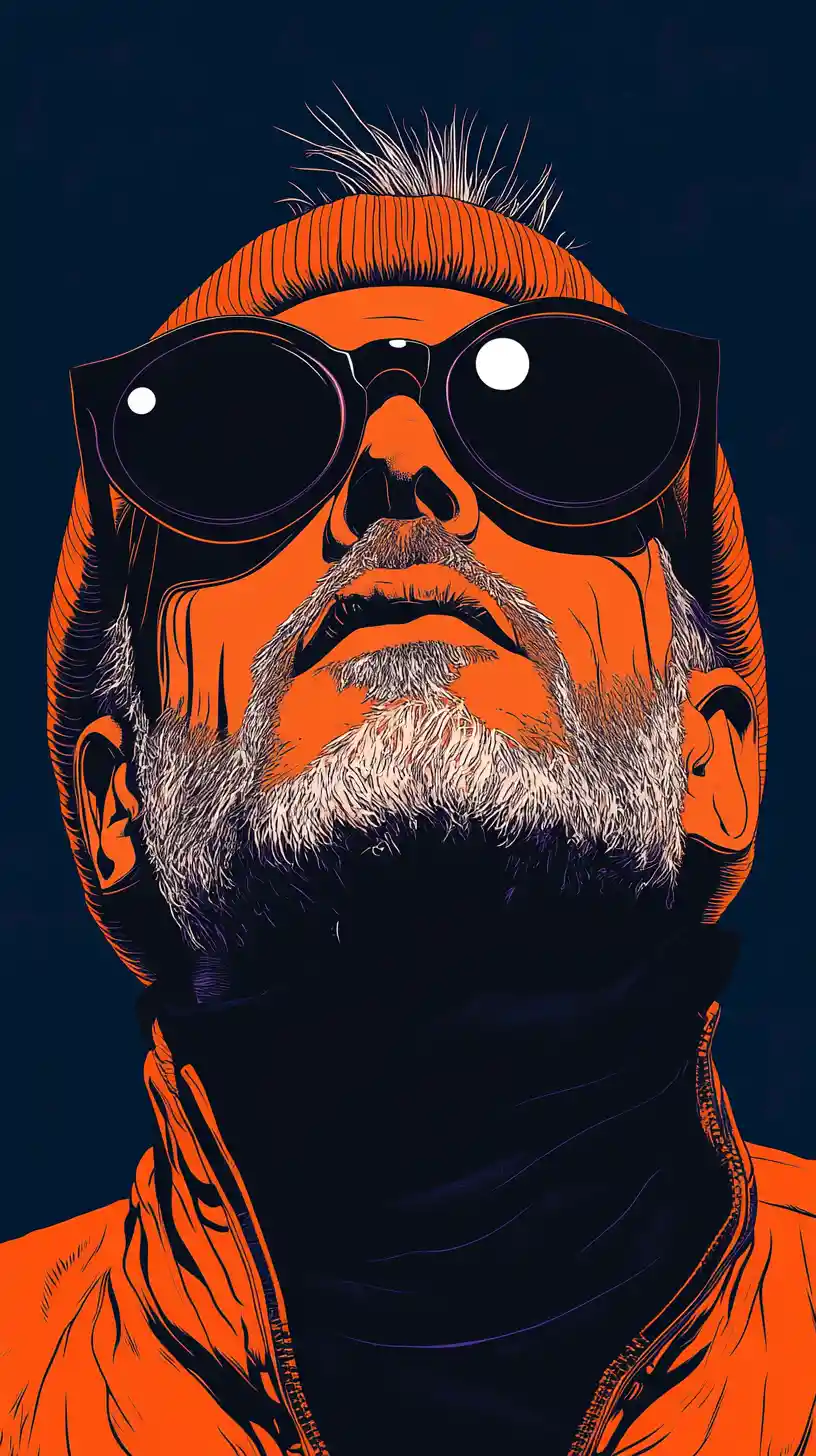 Cartoon-Porträt eines ernst dreinblickenden Mannes mit orangefarbener Beanie
