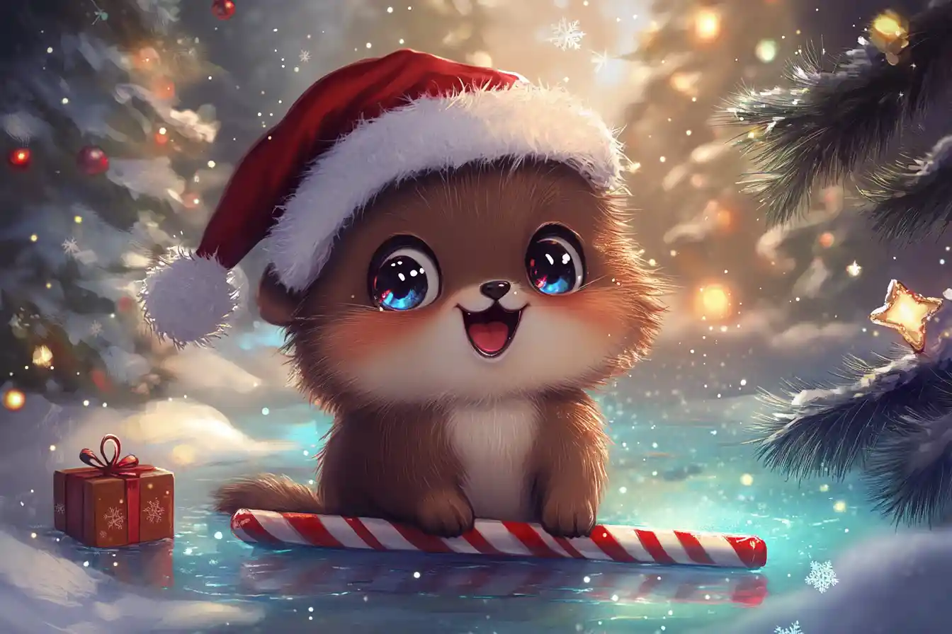 Cute chibi beaver with santa hat and candy cane