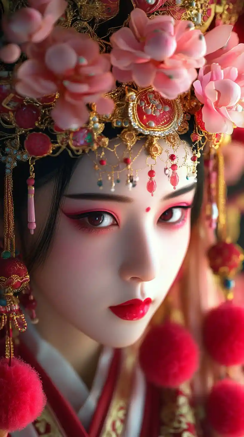 Close up portrait of a Chinese opera actress in red