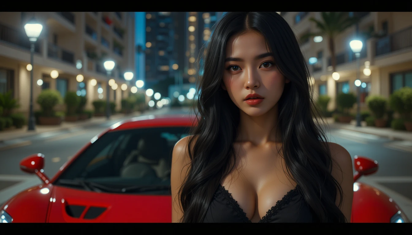 夜晚站在紅色跑車旁的亞洲女子