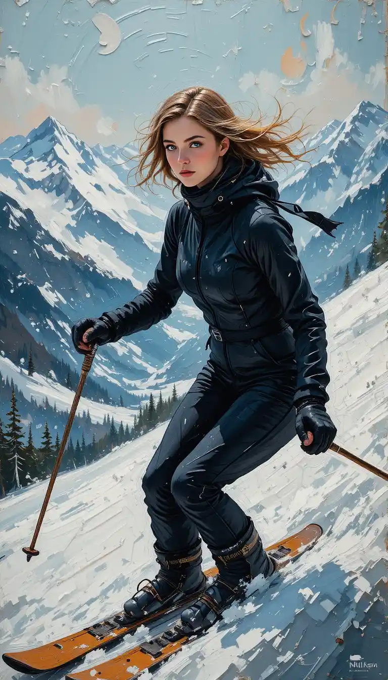 Esquiadora elegante de roupa preta descendo montanhas nevadas