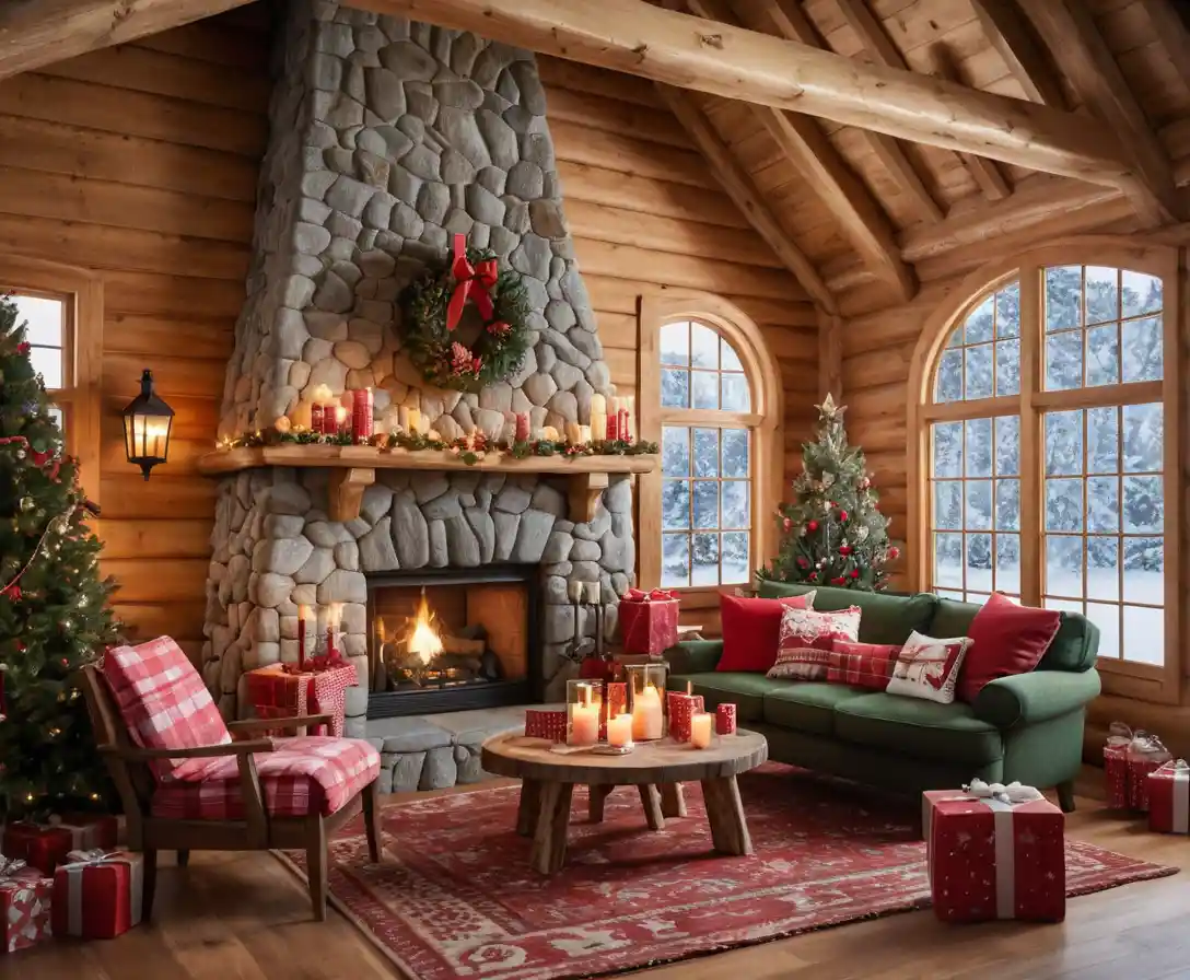 Acogedora sala de estar en cabaña de madera con árbol de Navidad y chimenea encendida