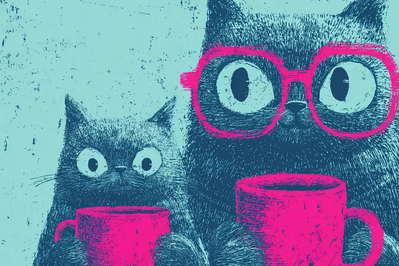 Cartoon-Katzen als Eltern und Kind, die im Risograph-Stil Getränke teilen