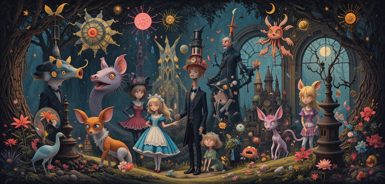 Whimsical fantasy animals in a retro graphic wonderland