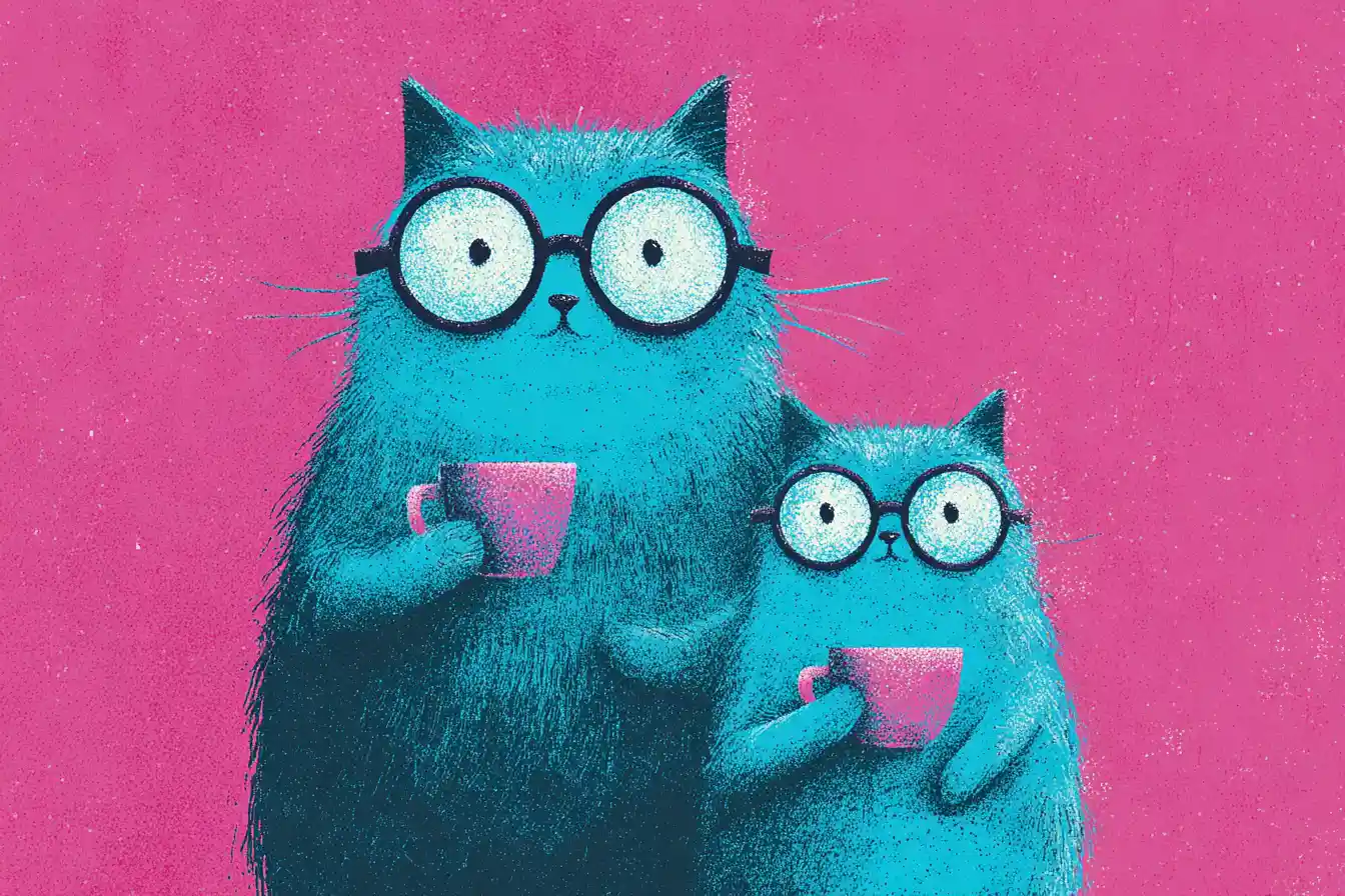 Cartoon parent and child cats sharing drinks in risograph style