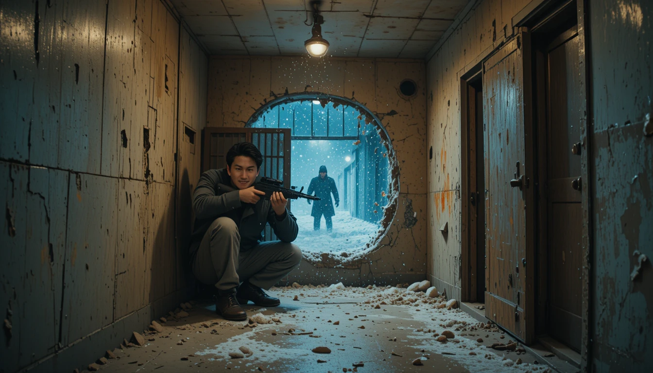 Armed man taking cover in ruined police station corridor