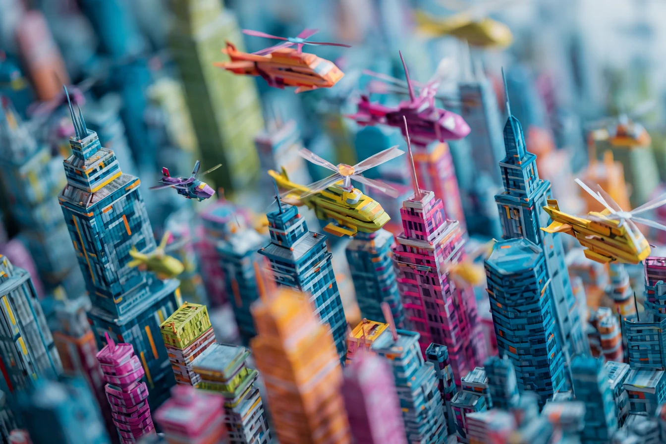 折紙風未來城市景觀與飛行載具的微縮視角