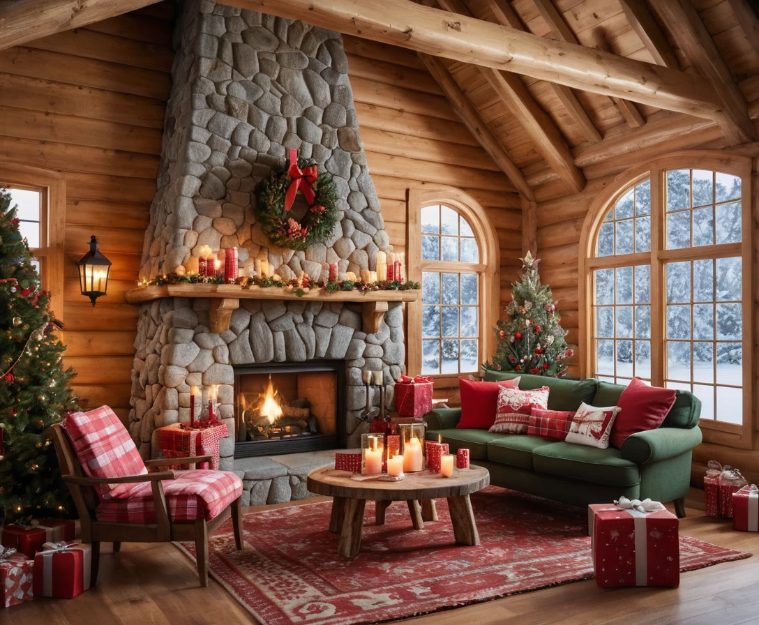 Cozy log cabin living room with Christmas tree and fire