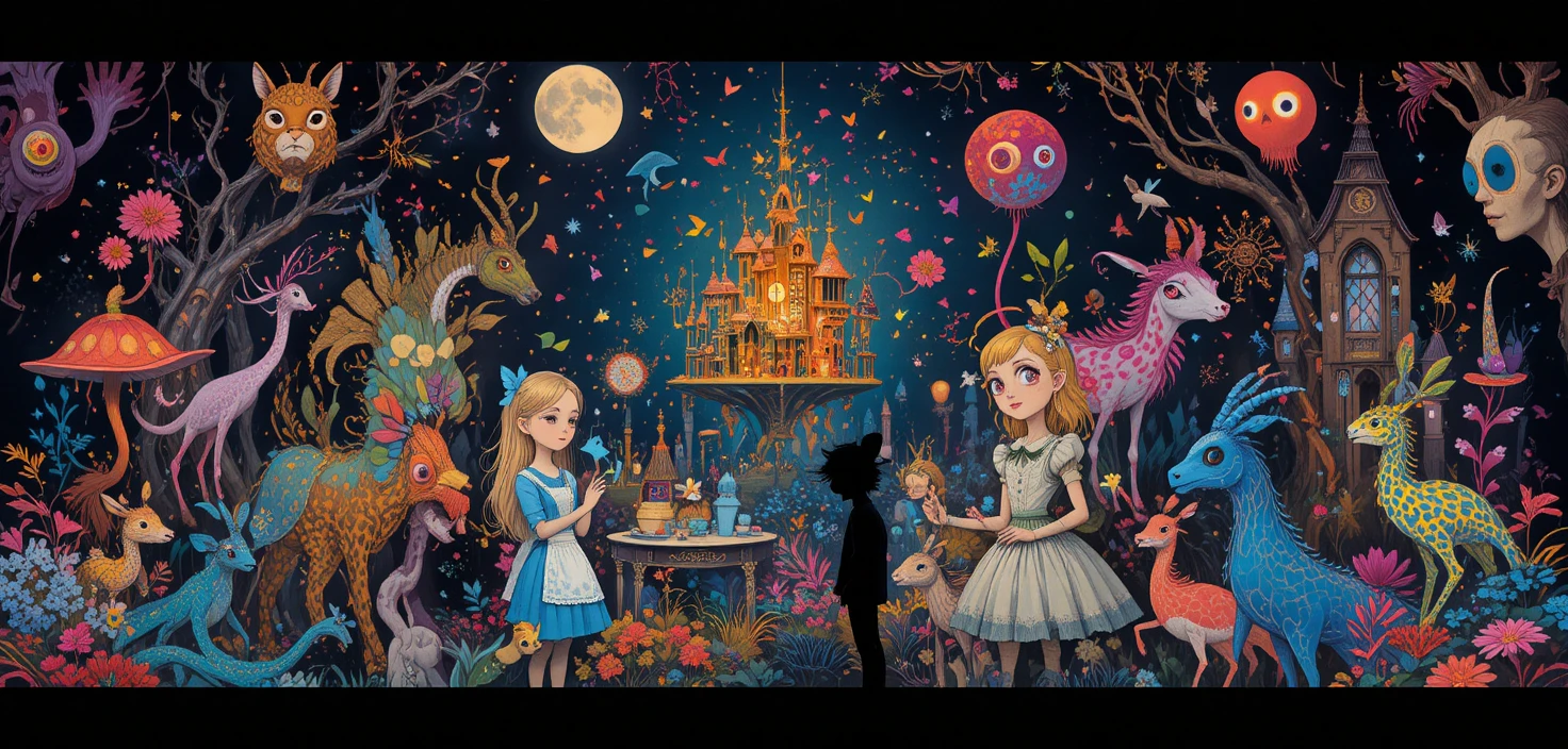 Playful retro fantasy scene with quirky characters and animals