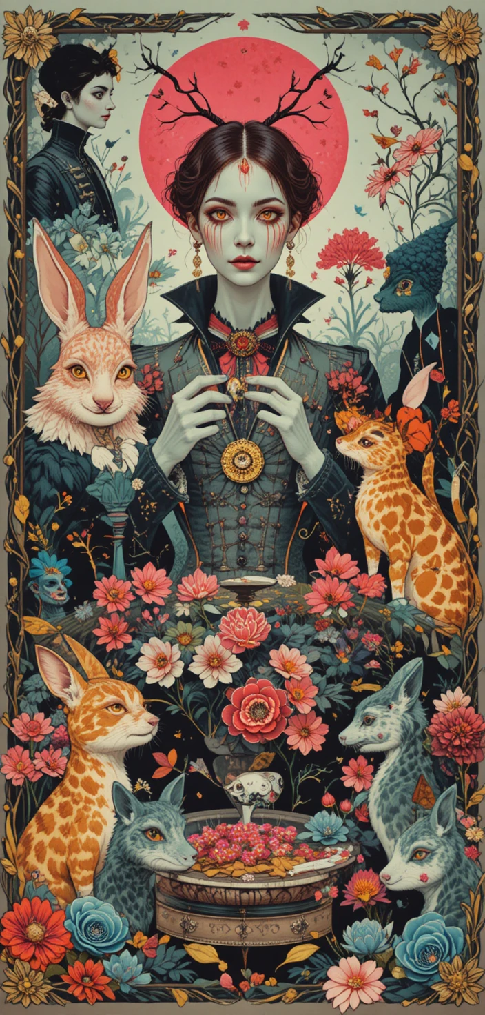 Whimsical retro fantasy scene with eccentric characters and animals