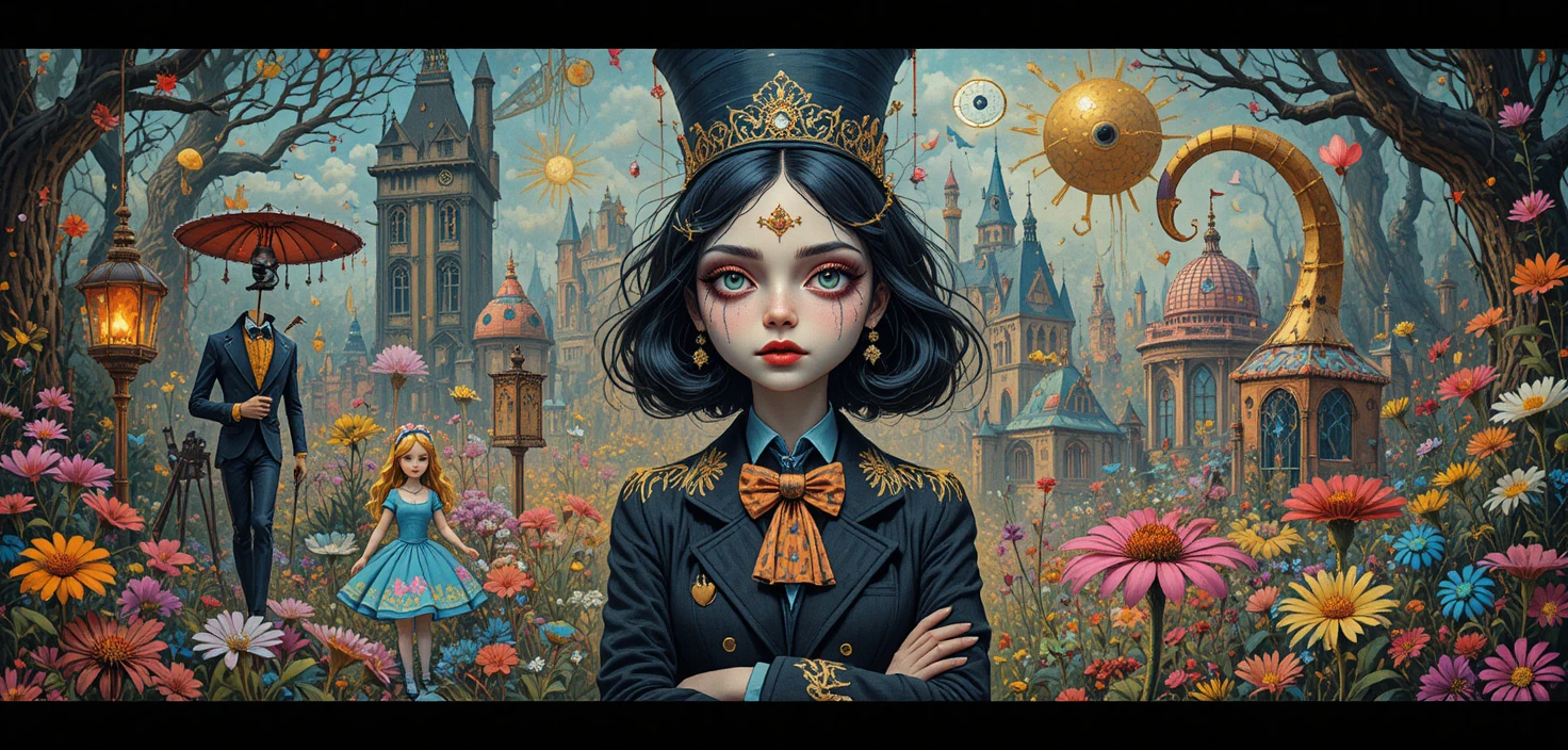 Whimsical fantasy creatures in a colorful retro poster world