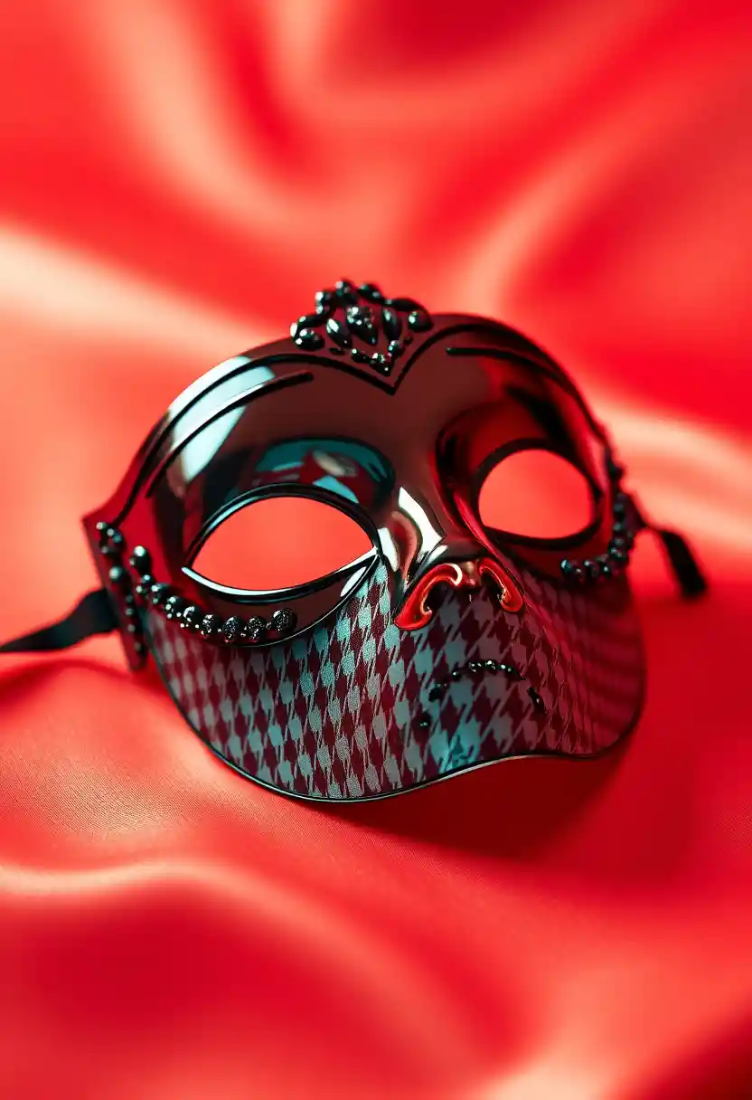 Maschera per gli occhi in plastica su sfondo da studio rosso intenso