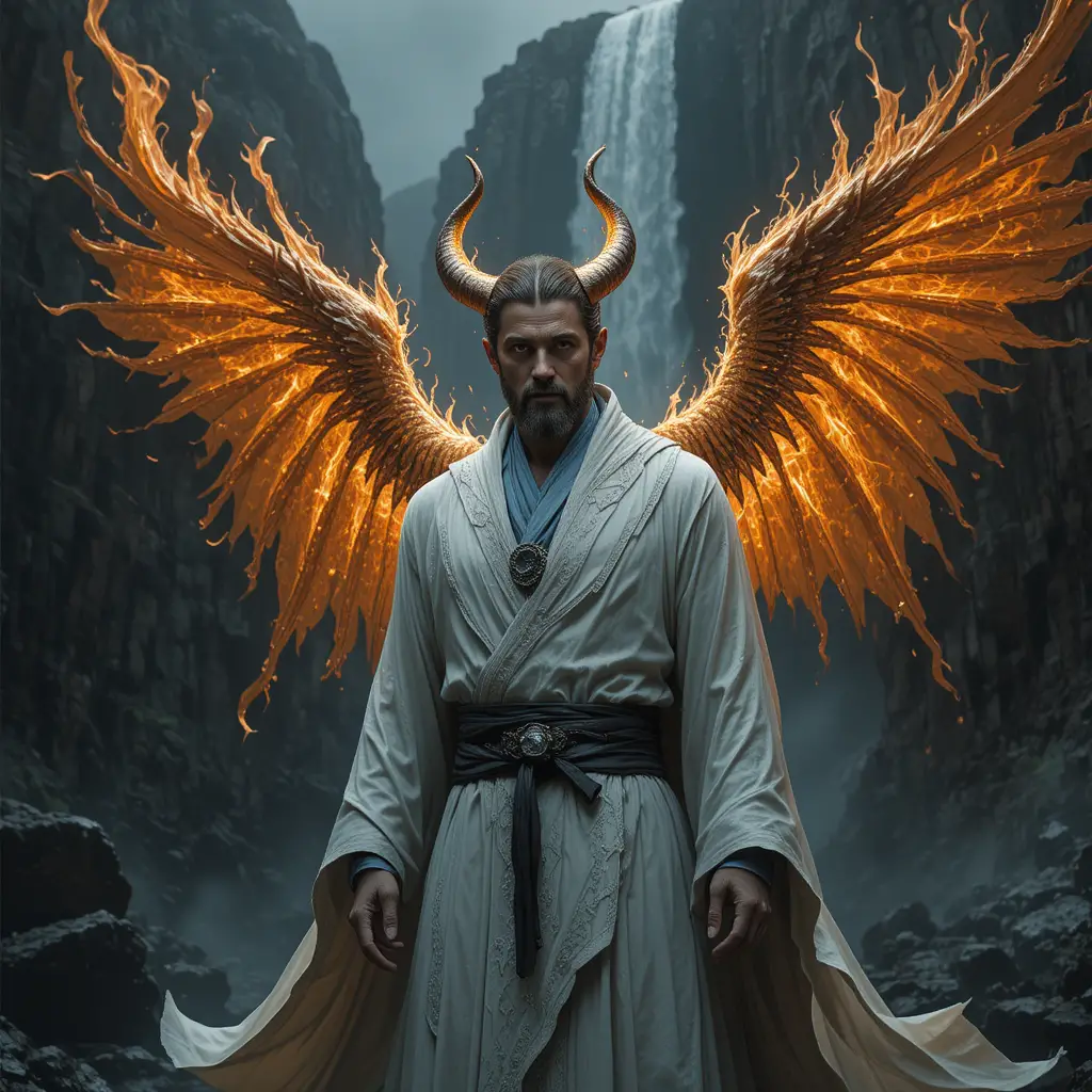 Man with flaming wings and horns before mountain waterfall