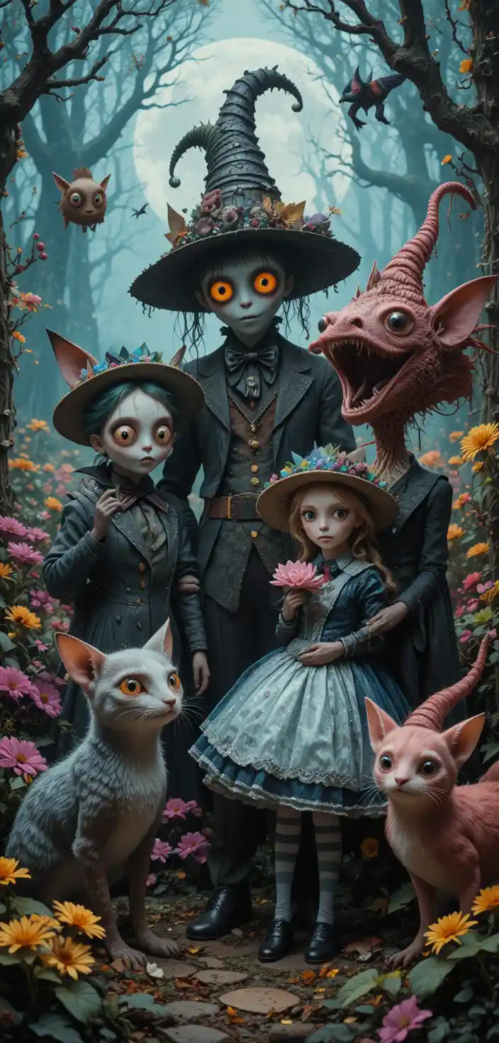 Whimsical 80s fantasy characters in a colorful wonderland