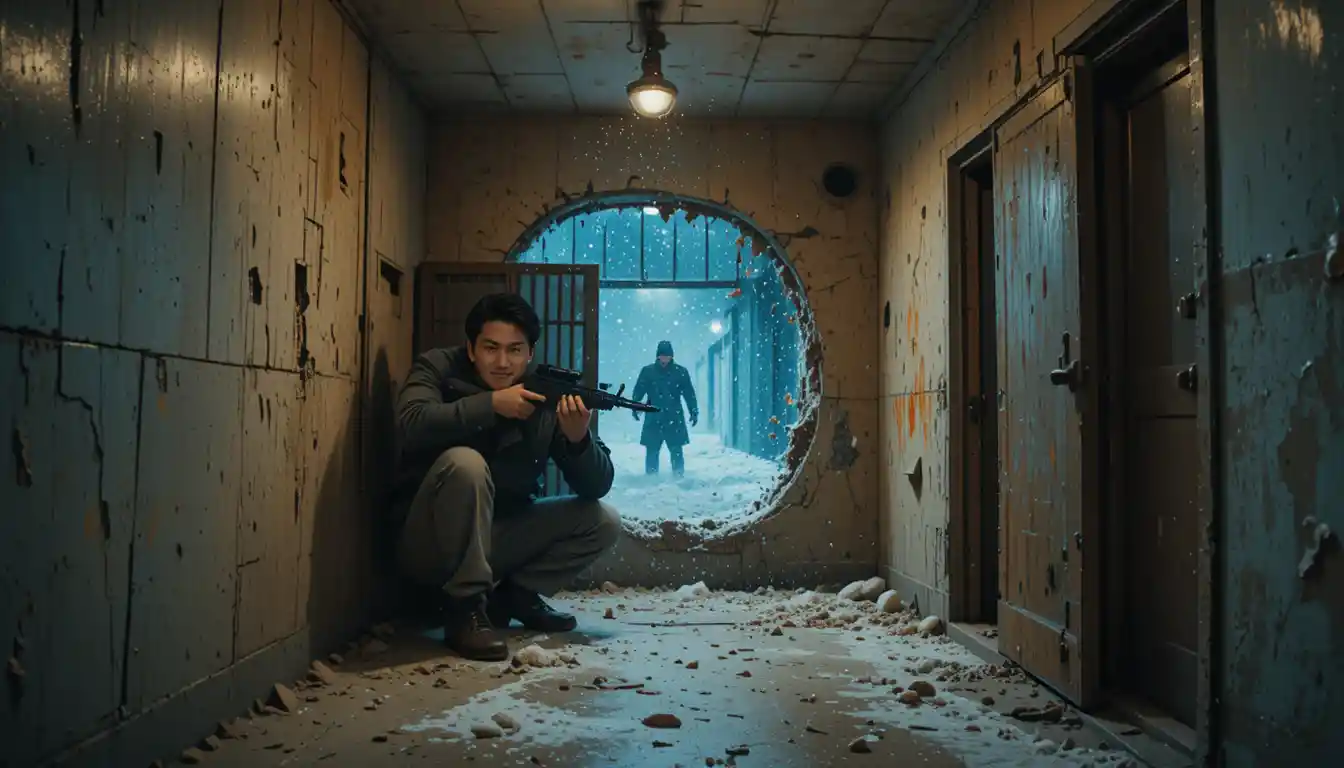 Armed man taking cover in ruined police station corridor