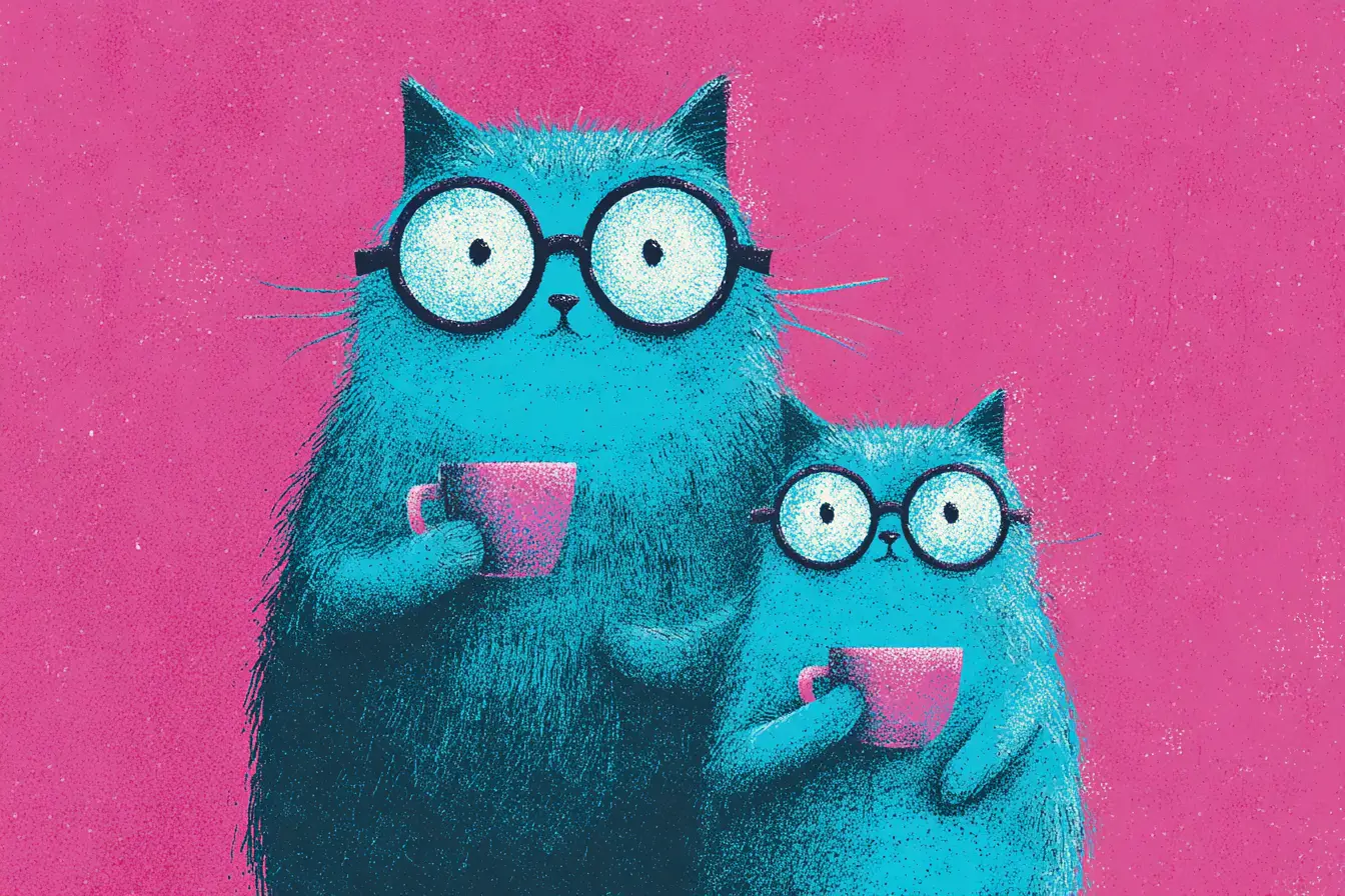 Cartoon parent and child cats sharing drinks in risograph style