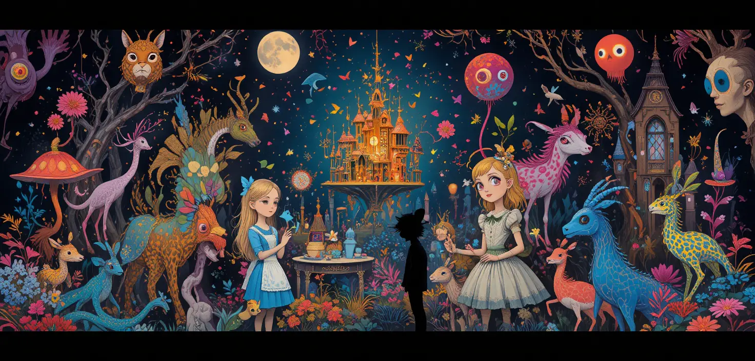 Scène de fantasy rétro et ludique avec des personnages et animaux excentriques