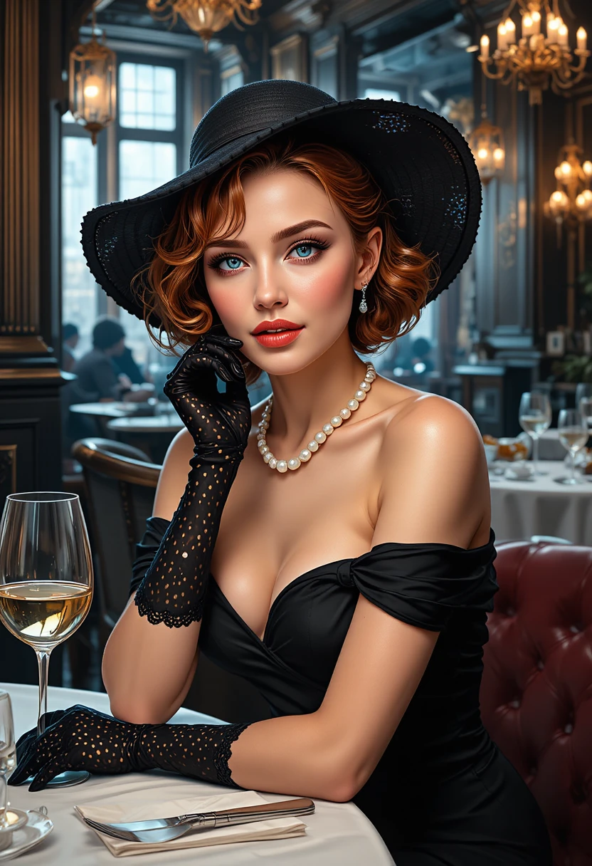 Elegant woman in black dress at a chic restaurant table