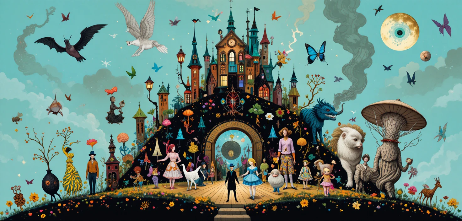 알록달록 레트로 그래픽 포스터 속 기 whimsical 판타지 동물