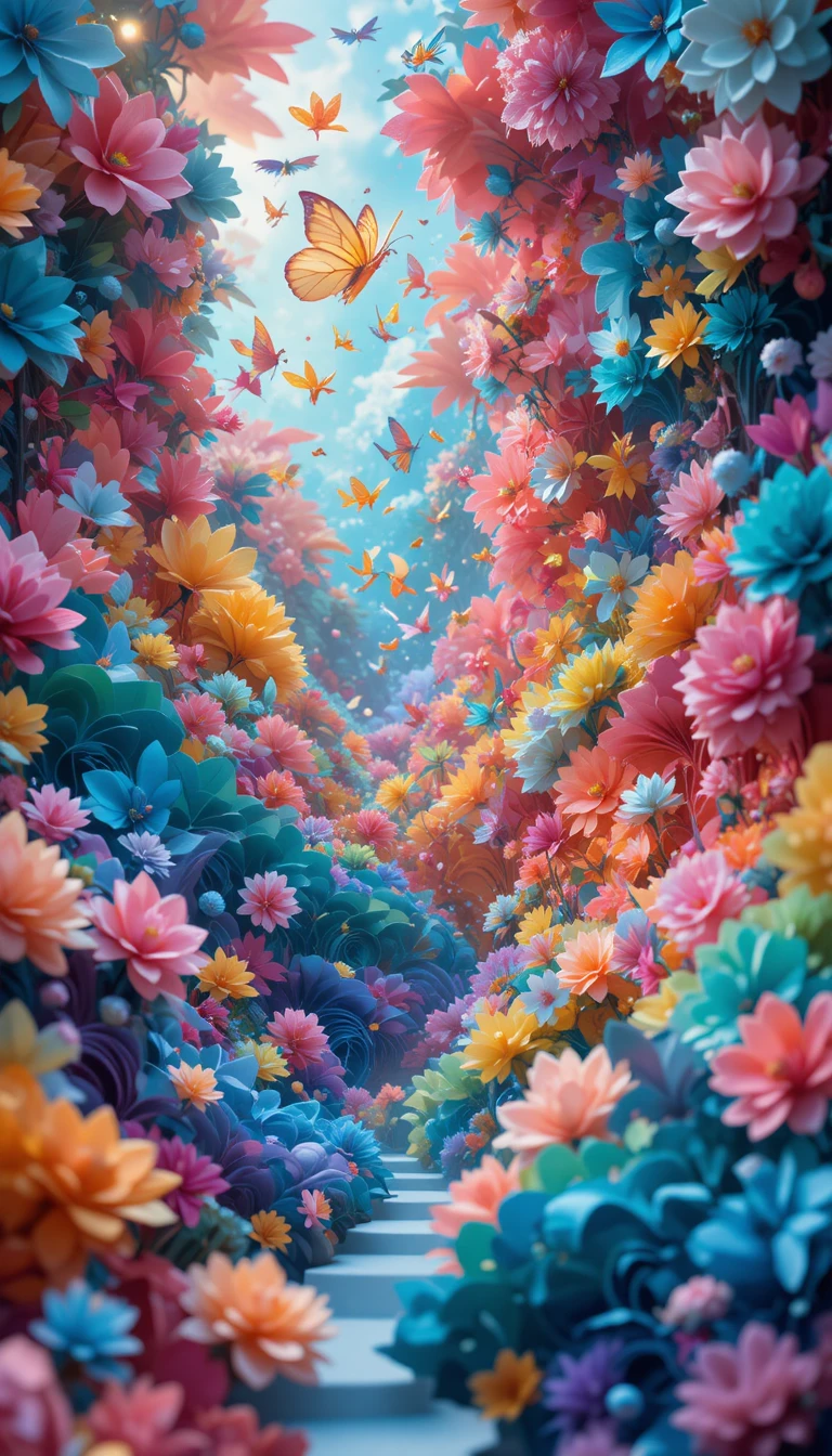 Whimsical paper collage of floating colorful cut out shapes