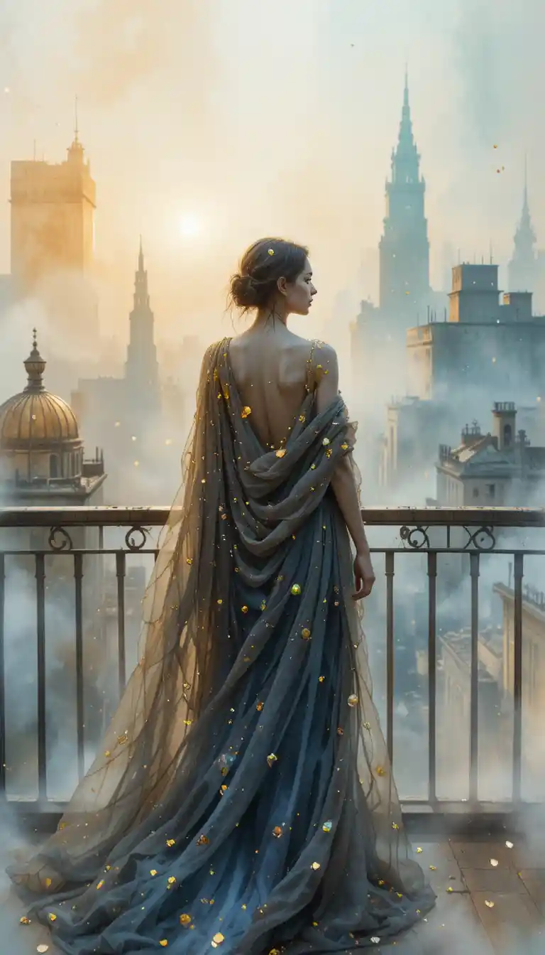 Ethereal woman on a balcony at dawn in watercolor mist