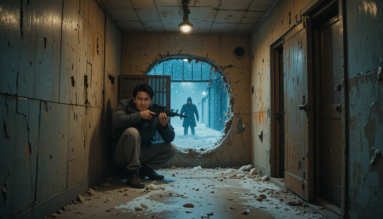 Armed man taking cover in ruined police station corridor