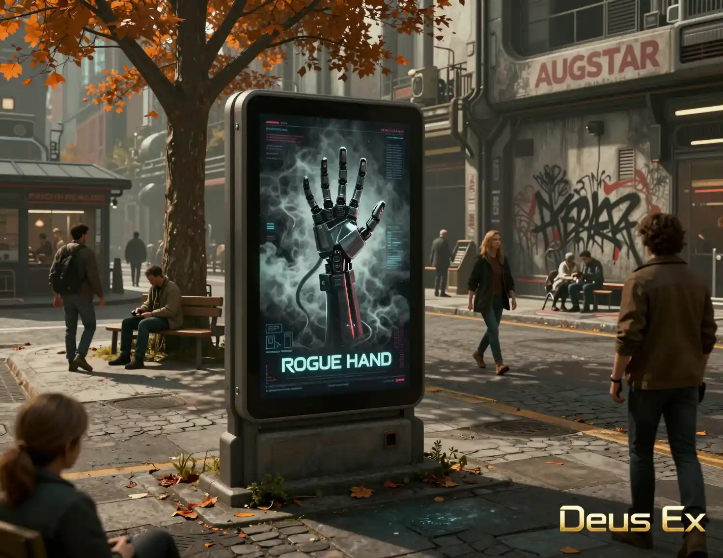 Futuristic street poster in a quiet cyberpunk city