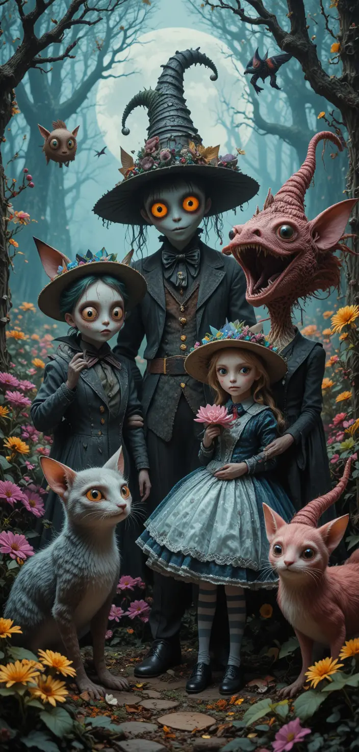 Whimsical 80s fantasy characters in a colorful wonderland